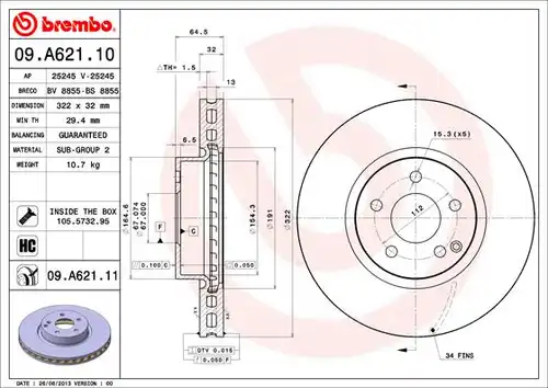 спирачен диск BREMBO 09.A621.11