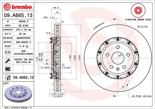 спирачен диск BREMBO 09.A665.13