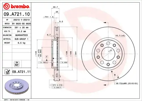 спирачен диск BREMBO 09.A721.10