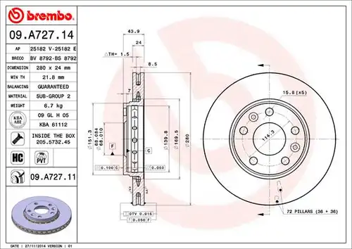 спирачен диск BREMBO 09.A727.11