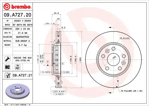 спирачен диск BREMBO 09.A727.21