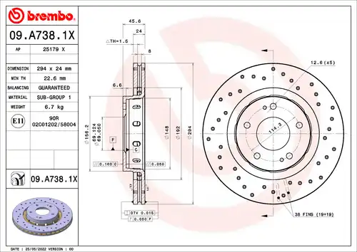 спирачен диск BREMBO 09.A738.1X