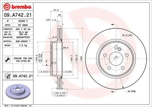 спирачен диск BREMBO 09.A742.21