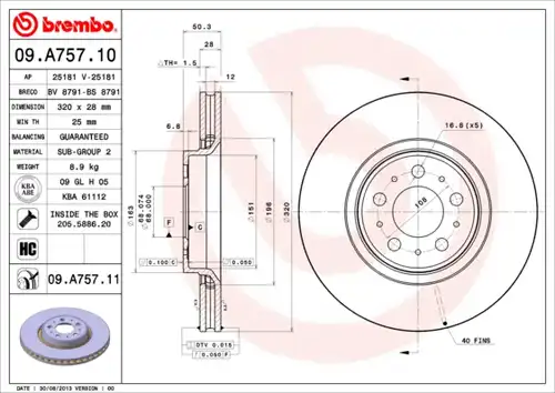 спирачен диск BREMBO 09.A757.11