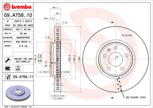 спирачен диск BREMBO 09.A758.10