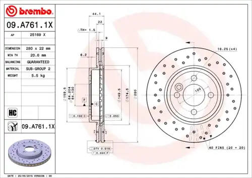 спирачен диск BREMBO 09.A761.1X