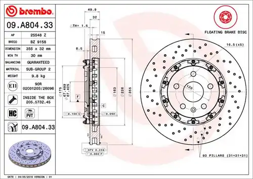 спирачен диск BREMBO 09.A804.33