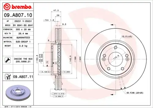 спирачен диск BREMBO 09.A807.10