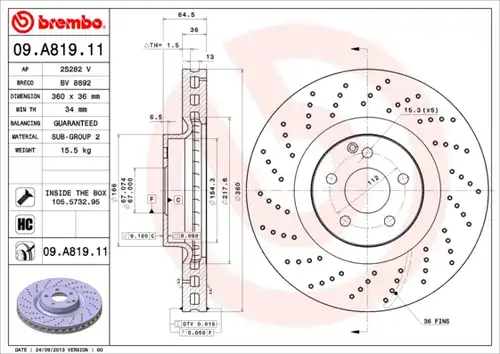 спирачен диск BREMBO 09.A819.11