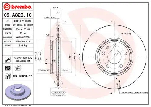 спирачен диск BREMBO 09.A820.10