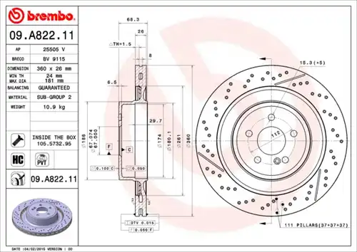 спирачен диск BREMBO 09.A822.11