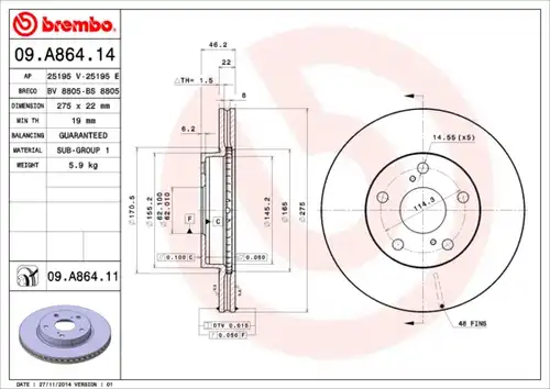 спирачен диск BREMBO 09.A864.11