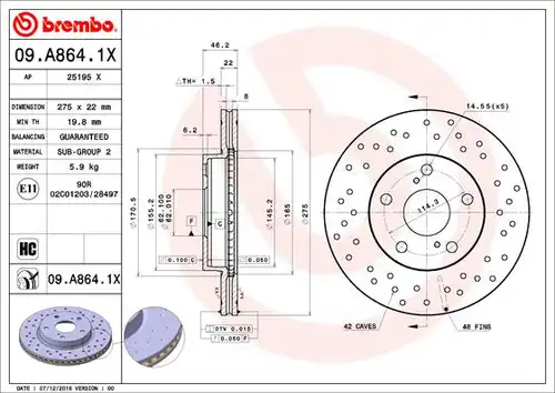 спирачен диск BREMBO 09.A864.1X