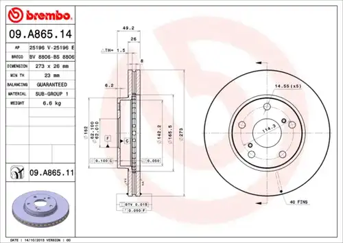 спирачен диск BREMBO 09.A865.11