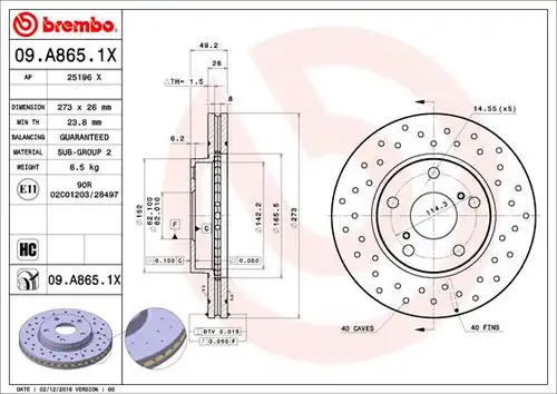 спирачен диск BREMBO 09.A865.1X