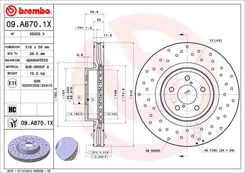 спирачен диск BREMBO 09.A870.1X