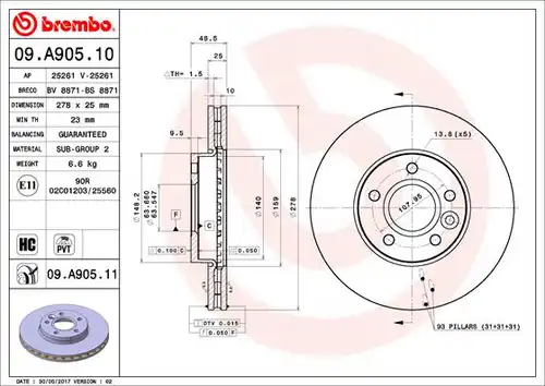 спирачен диск BREMBO 09.A905.10