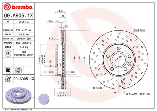 спирачен диск BREMBO 09.A905.1X