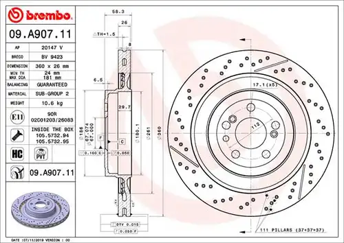 спирачен диск BREMBO 09.A907.11