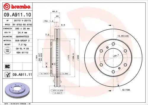 спирачен диск BREMBO 09.A911.11