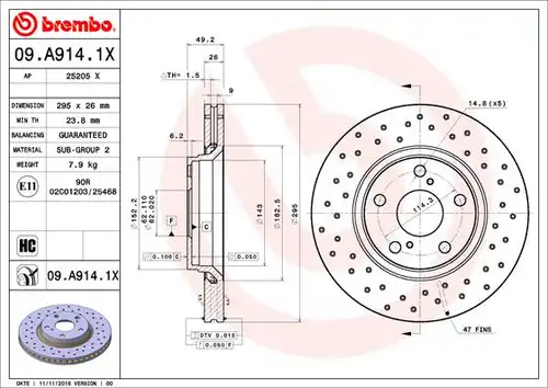 спирачен диск BREMBO 09.A914.1X