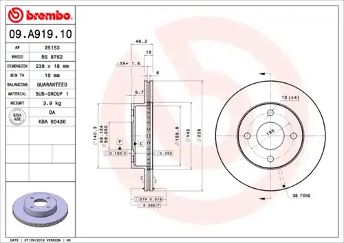 спирачен диск BREMBO 09.A919.10