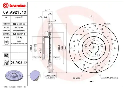 спирачен диск BREMBO 09.A921.1X