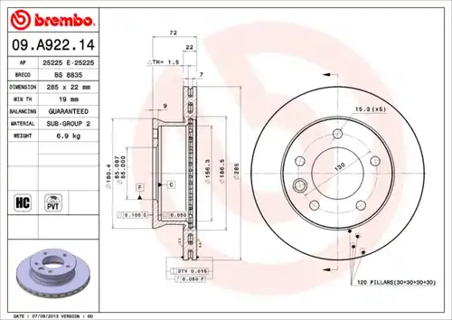 спирачен диск BREMBO 09.A922.14