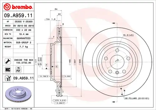 спирачен диск BREMBO 09.A959.11