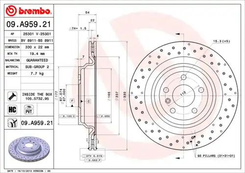 спирачен диск BREMBO 09.A959.21