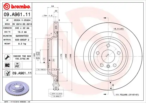 спирачен диск BREMBO 09.A961.11