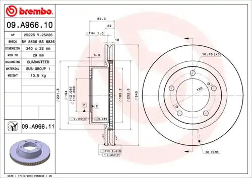 спирачен диск BREMBO 09.A966.10