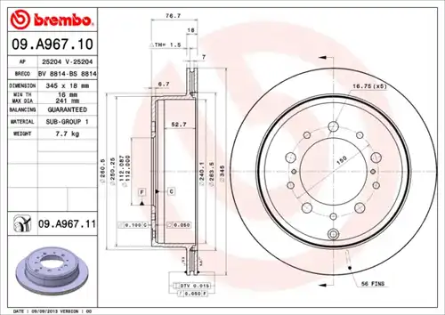 спирачен диск BREMBO 09.A967.11