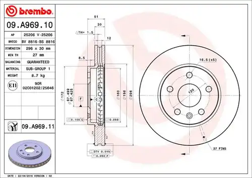 спирачен диск BREMBO 09.A969.10