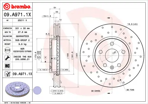 спирачен диск BREMBO 09.A971.1X