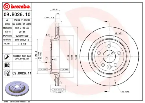 спирачен диск BREMBO 09.B026.10