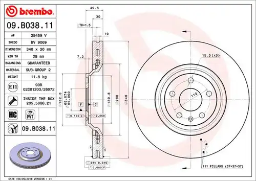 спирачен диск BREMBO 09.B038.11