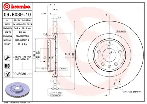 спирачен диск BREMBO 09.B039.10