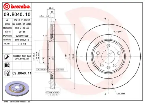 спирачен диск BREMBO 09.B040.11