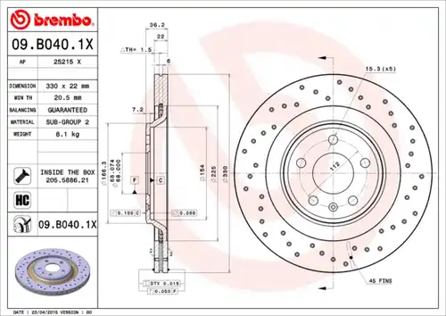 спирачен диск BREMBO 09.B040.1X