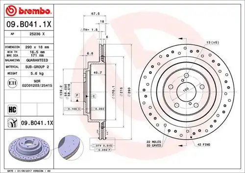 спирачен диск BREMBO 09.B041.1X