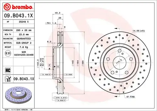 спирачен диск BREMBO 09.B043.1X