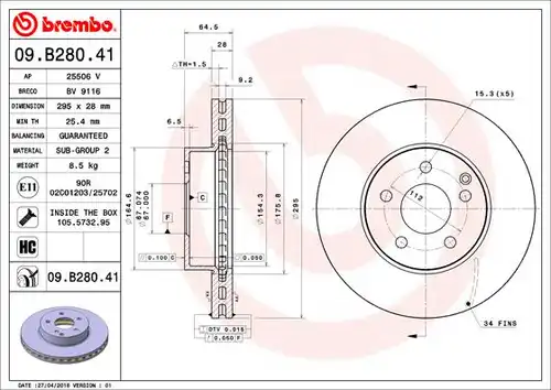 спирачен диск BREMBO 09.B280.41