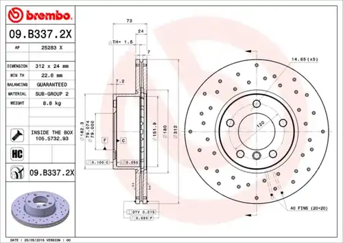 спирачен диск BREMBO 09.B337.2X