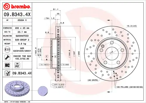 спирачен диск BREMBO 09.B343.4X