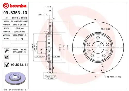 спирачен диск BREMBO 09.B353.11