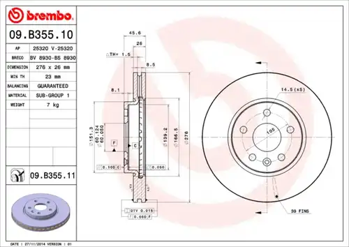 спирачен диск BREMBO 09.B355.10