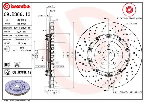 спирачен диск BREMBO 09.B386.13