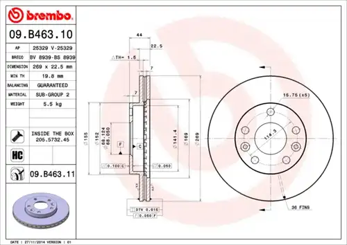 спирачен диск BREMBO 09.B463.10