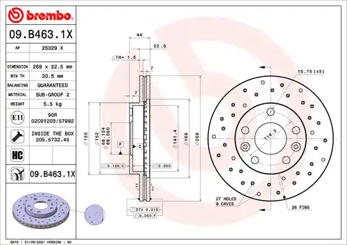 спирачен диск BREMBO 09.B463.1X